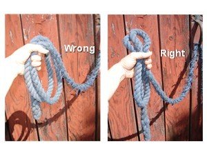 Right and wrong way to hold your horse's lead rope.
